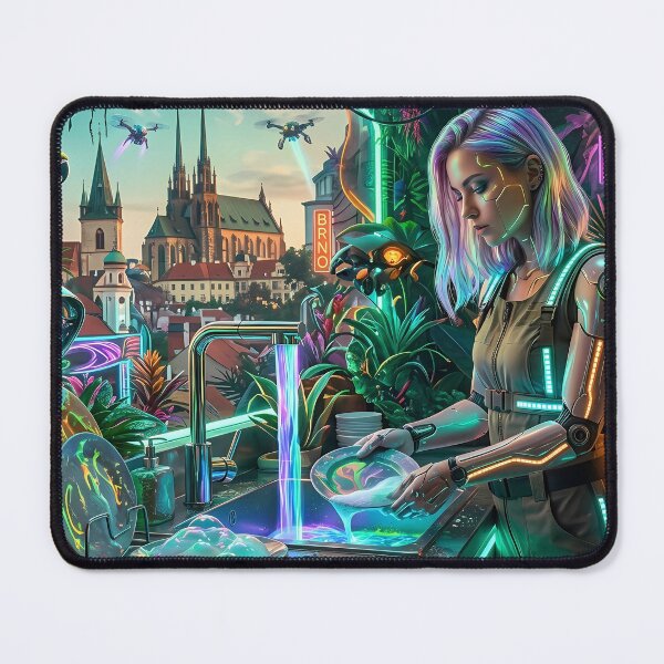 Item preview, Cyberpunk Woman Doing Dishes in the Future Art designed and sold by BrnoArtCZAI.