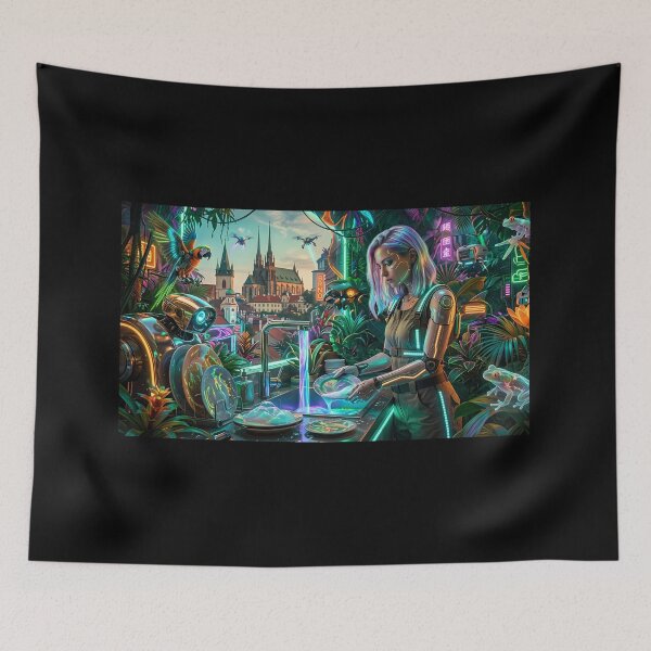Item preview, Cyberpunk Woman Doing Dishes in the Future Art designed and sold by BrnoArtCZAI.
