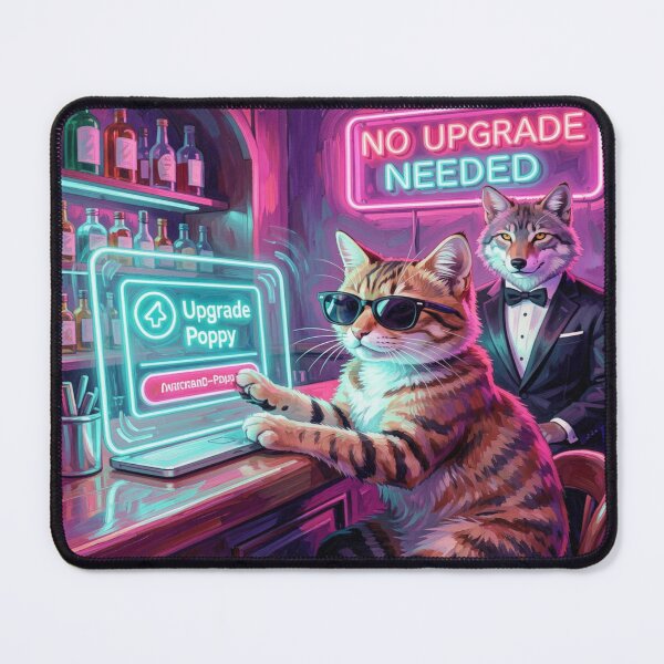 Item preview, Neon bar scene with a cat clicking away an upgrade – surreal humor in the FotoworldEdel style designed and sold by FotoworldEdel.
