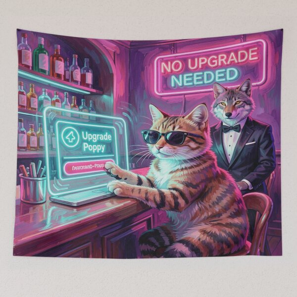 Item preview, Neon bar scene with a cat clicking away an upgrade – surreal humor in the FotoworldEdel style designed and sold by FotoworldEdel.