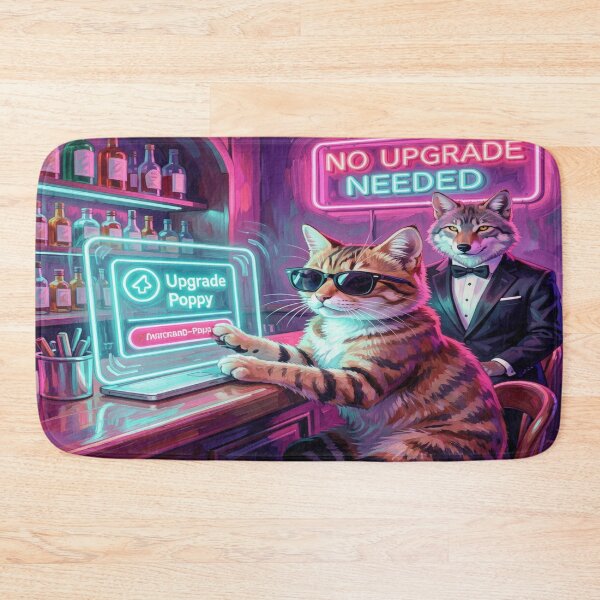 Item preview, Neon bar scene with a cat clicking away an upgrade – surreal humor in the FotoworldEdel style designed and sold by FotoworldEdel.