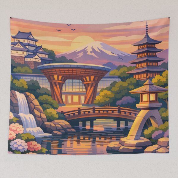 Item preview, Kanazawa Japan garden bridge sunset travel poster designed and sold by MatthewHeights.