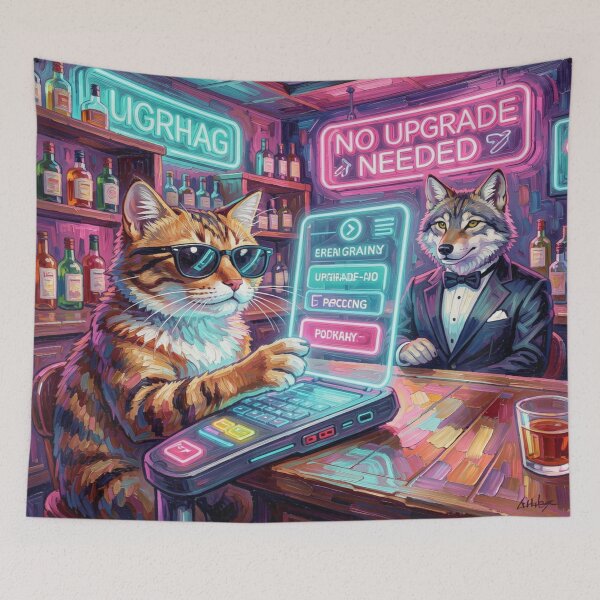 Item preview, Neon bar scene with cat and wolf in surreal FotoworldEdel style – digital art and humor designed and sold by FotoworldEdel.