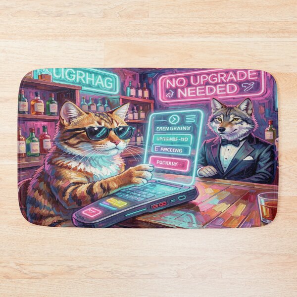 Item preview, Neon bar scene with cat and wolf in surreal FotoworldEdel style – digital art and humor designed and sold by FotoworldEdel.