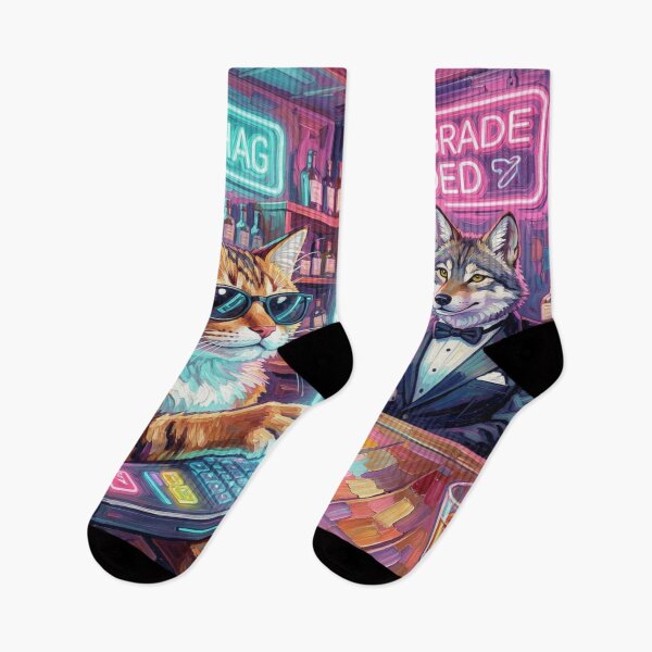 Item preview, Neon bar scene with cat and wolf in surreal FotoworldEdel style – digital art and humor designed and sold by FotoworldEdel.