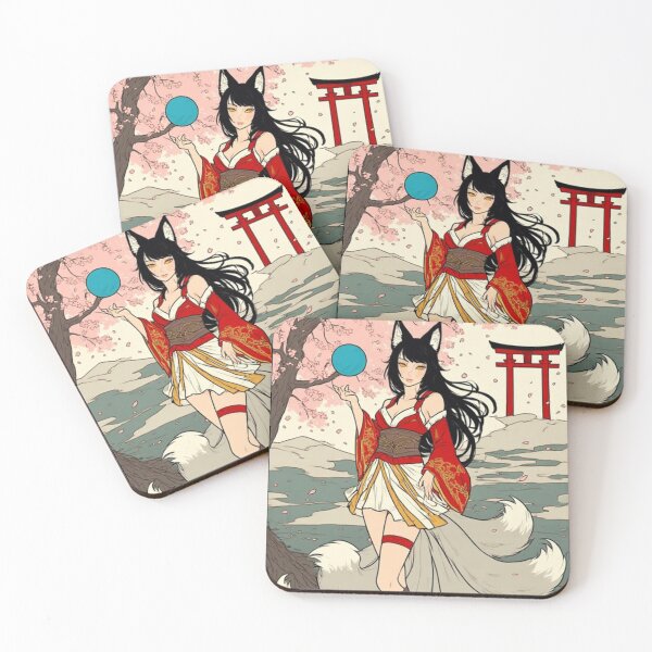 Item preview, Kitsune Fox Girl Anime Art Print – Nine Tailed Fox Spirit with Sakura and Torii Gate, Japanese Mythology Wall Art designed and sold by ukiyo-beasts.