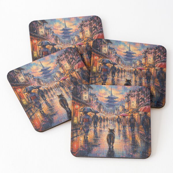 Item preview, Japanese Street Cat – Rainy Kyoto Aesthetic Painting Style Wall Art designed and sold by IconicDesignsXd.