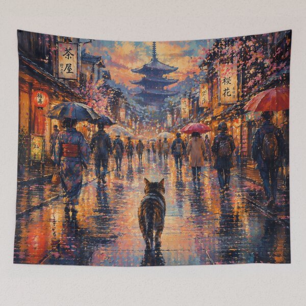 Item preview, Japanese Street Cat – Rainy Kyoto Aesthetic Painting Style Wall Art designed and sold by IconicDesignsXd.