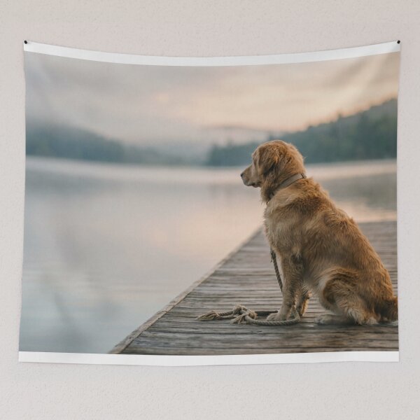 Item preview, Golden Retriever on a wooden dock facing the lake designed and sold by Malisa345.