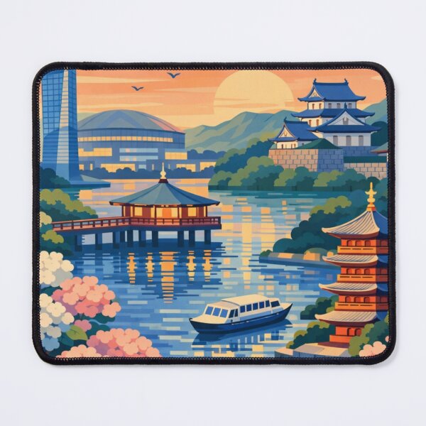 Item preview, Fukuoka Japan waterfront skyline sunset travel poster designed and sold by MatthewHeights.