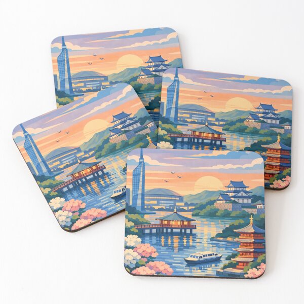 Item preview, Fukuoka Japan waterfront skyline sunset travel poster designed and sold by MatthewHeights.