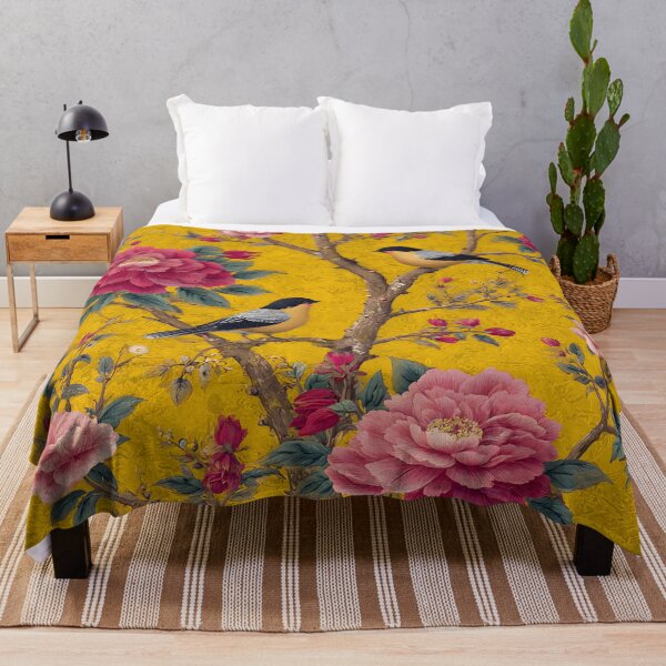 Item preview, Yellow Chinese Silk Floral Birds Pink Flowers Carpet designed and sold by GrinGalore.