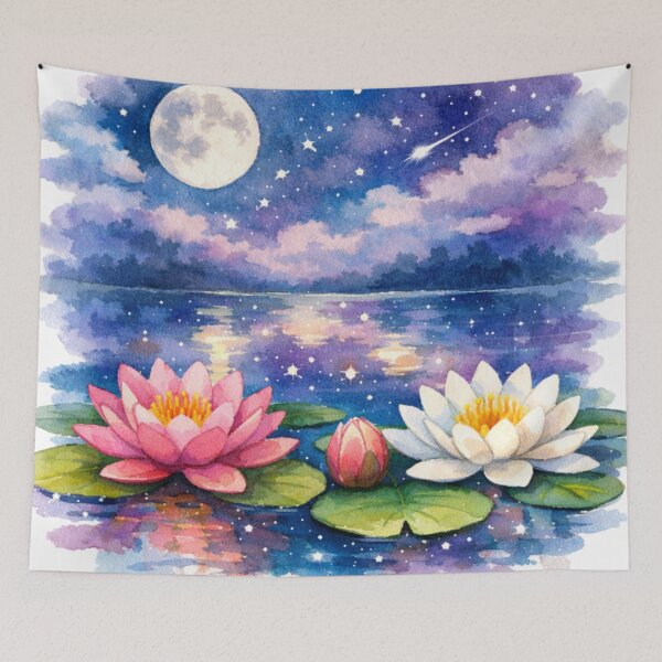 Item preview, Moonlit Lotus Lake Watercolor Art designed and sold by TessaraDesigns.