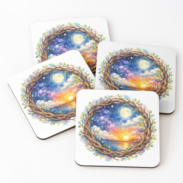 Item preview, Sunset Moon Wreath Landscape Watercolor Art designed and sold by TessaraDesigns.