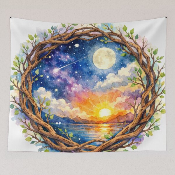 Item preview, Sunset Moon Wreath Landscape Watercolor Art designed and sold by TessaraDesigns.