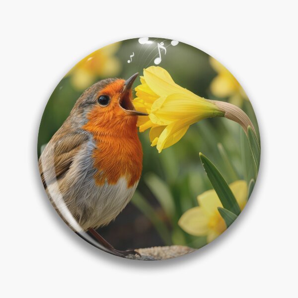 Item preview, Robin Singing into a Yellow Daffodil designed and sold by Maria Dryfhout.