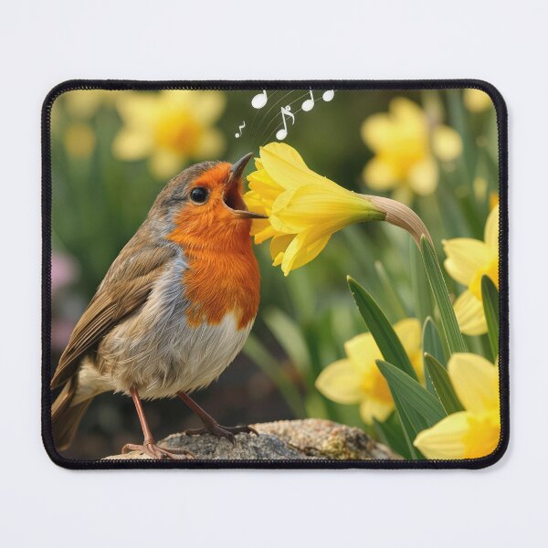 Item preview, Robin Singing into a Yellow Daffodil designed and sold by Maria Dryfhout.