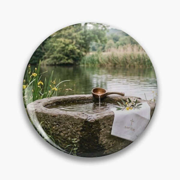 Item preview, Stone baptismal font with water and shell in a luminous landscape designed and sold by Malisa345.