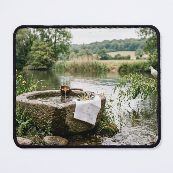 Item preview, Stone baptismal font with water and shell in a luminous landscape designed and sold by Malisa345.