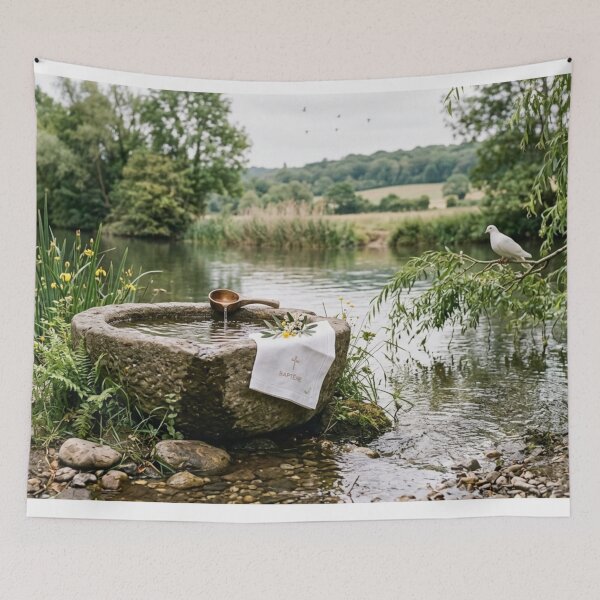 Item preview, Stone baptismal font with water and shell in a luminous landscape designed and sold by Malisa345.
