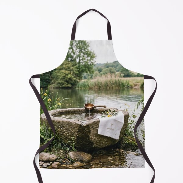 Item preview, Stone baptismal font with water and shell in a luminous landscape designed and sold by Malisa345.