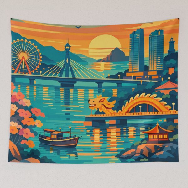 Item preview, Da Nang Vietnam river skyline sunset travel poster designed and sold by MatthewHeights.
