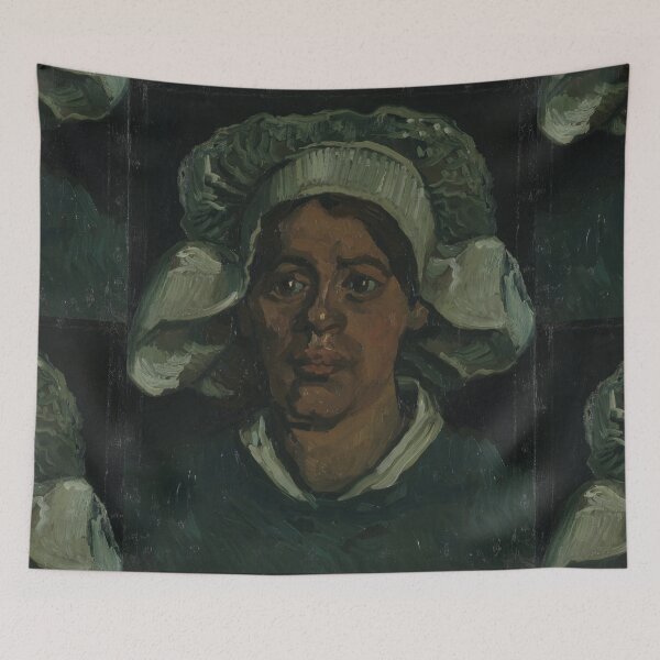 Item preview, Head of a Woman Wearing a White Cap by Vincent van Gogh: Moody Portrait Print designed and sold by artofuniverse.