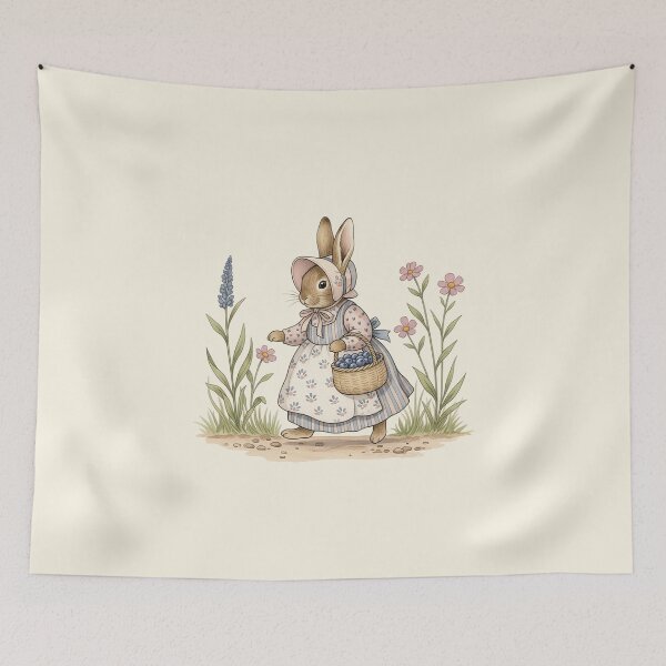 Item preview, Vintage Bunny with Blueberry Basket Illustration designed and sold by Pasteltone.