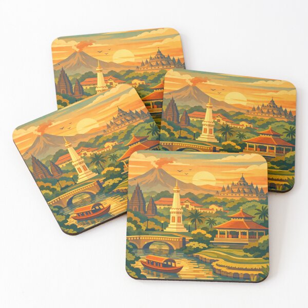 Item preview, Yogyakarta Indonesia temple volcano sunset travel poster designed and sold by MatthewHeights.