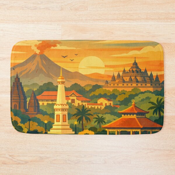 Item preview, Yogyakarta Indonesia temple volcano sunset travel poster designed and sold by MatthewHeights.