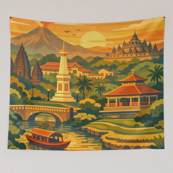 Item preview, Yogyakarta Indonesia temple volcano sunset travel poster designed and sold by MatthewHeights.