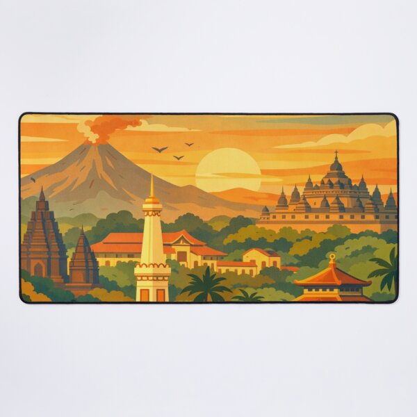 Item preview, Yogyakarta Indonesia temple volcano sunset travel poster designed and sold by MatthewHeights.
