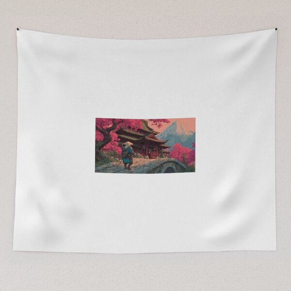 Item preview, 90s Retro Anime Samurai Journey - Japanese Temple & Cherry Blossoms designed and sold by Alahchin Art.