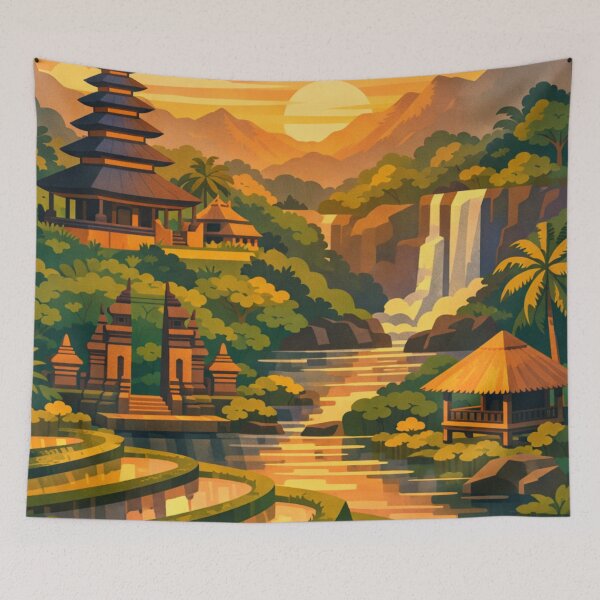 Item preview, Ubud Bali rice terrace temple waterfall travel poster designed and sold by MatthewHeights.
