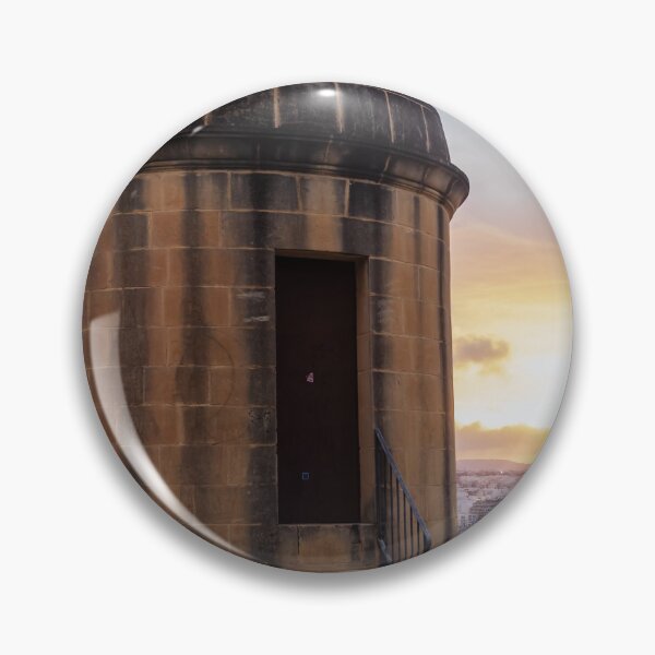 Item preview, Historic Stone Watchtower Turret Overlooking City Skyline at Sunset With Dramatic Sky designed and sold by Nmallia.