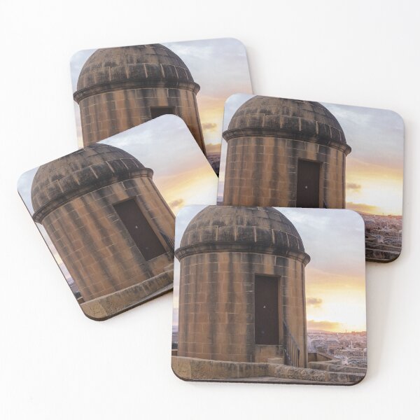 Item preview, Historic Stone Watchtower Turret Overlooking City Skyline at Sunset With Dramatic Sky designed and sold by Nmallia.