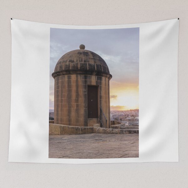 Item preview, Historic Stone Watchtower Turret Overlooking City Skyline at Sunset With Dramatic Sky designed and sold by Nmallia.