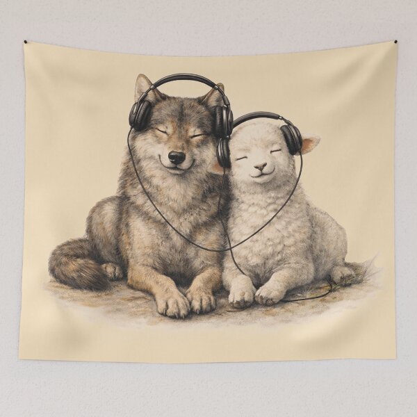 Item preview, Wolf and Lamb Headphones T-Shirt – Peace, Unity, Same Song Aesthetic Animal Art designed and sold by FunkyVista.