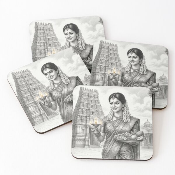 Item preview, Traditional Tamil Woman with Temple Background designed and sold by Radhamaniart.