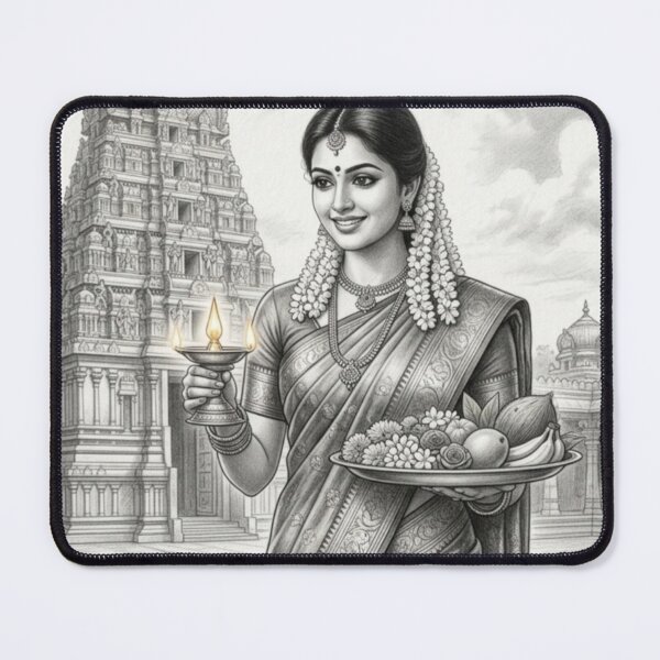 Item preview, Traditional Tamil Woman with Temple Background designed and sold by Radhamaniart.