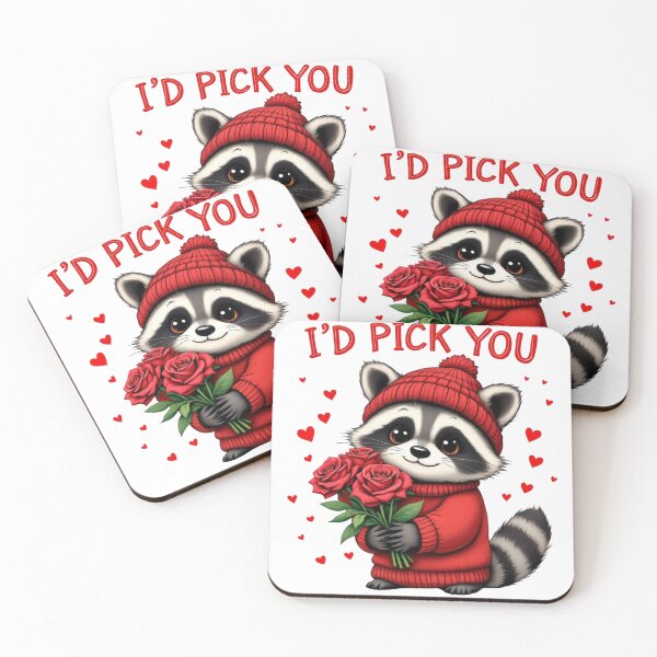 Item preview, Cute Raccoon Valentine Red Roses - I'd Pick You Kawaii Art - Beanie Raccoon Gift designed and sold by JLMWorks.
