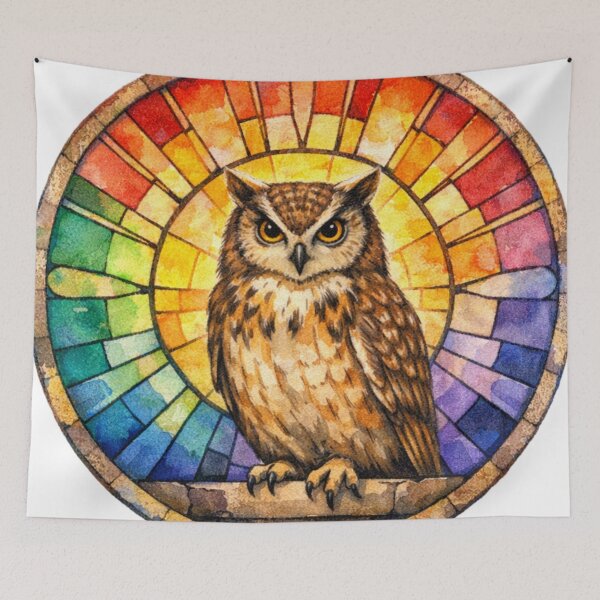 Artikelvorschau, Eulen-Buntglas-Regenbogen-Aquarellkunst entworfen und verkauft von TessaraDesigns.