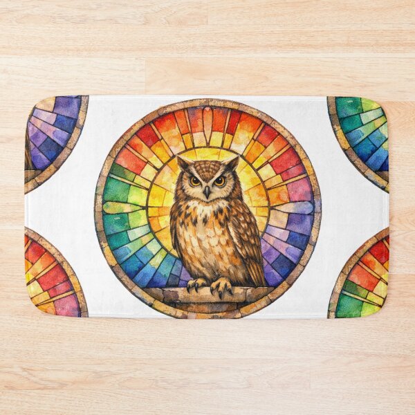 Artikelvorschau, Eulen-Buntglas-Regenbogen-Aquarellkunst entworfen und verkauft von TessaraDesigns.