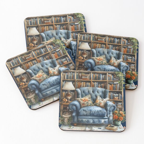 Item preview, Dreamy Blue Library Nook Vintage Reading Chair & Bookshelf designed and sold by VineVibe16Studio.