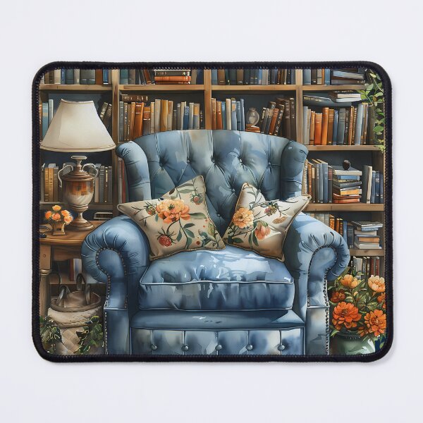 Item preview, Dreamy Blue Library Nook Vintage Reading Chair & Bookshelf designed and sold by VineVibe16Studio.