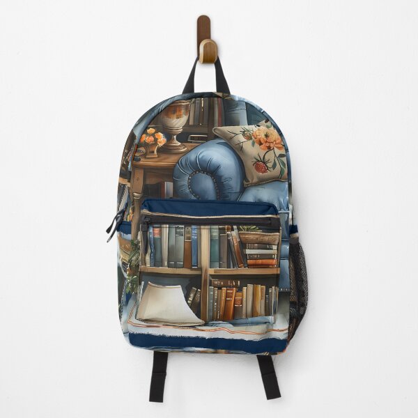 Item preview, Dreamy Blue Library Nook Vintage Reading Chair & Bookshelf designed and sold by VineVibe16Studio.
