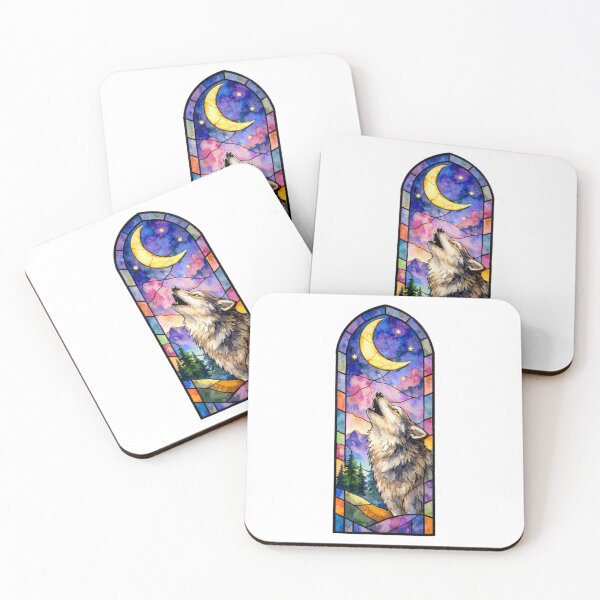Item preview, Howling Wolf Crescent Moon Stained Glass Art designed and sold by TessaraDesigns.