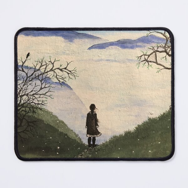 Item preview, Acrylic painting of a young woman in a spring landscape with a sea of fog. designed and sold by creaphyl28.