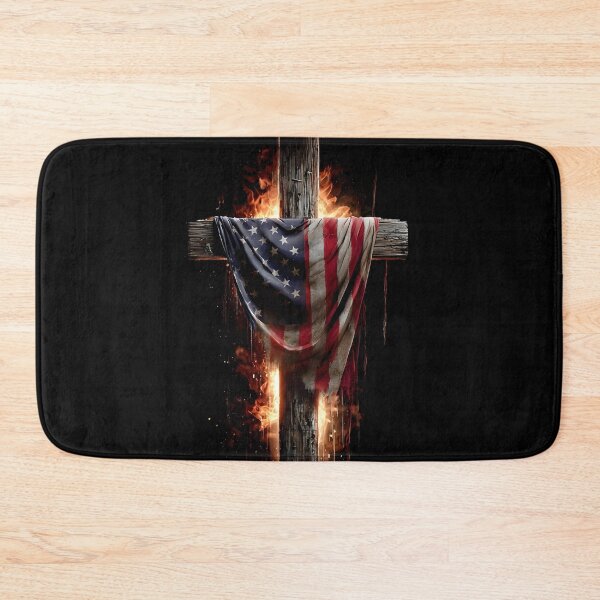 Item preview, Patriotic American flag draped wooden cross with flames designed and sold by dcrc.