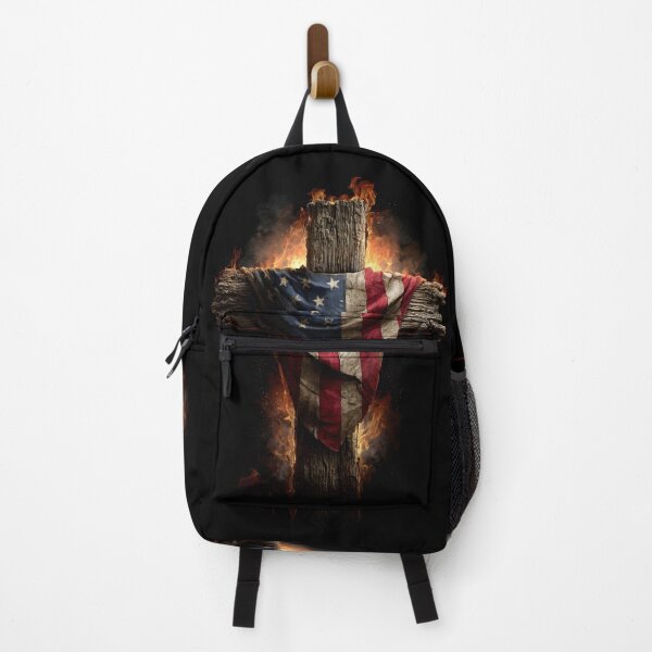 Item preview, Patriotic American flag draped wooden cross with flames designed and sold by dcrc.